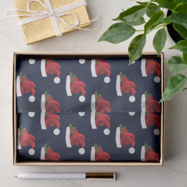 Papier Mousseline Chapeau de Noël Festif Rouge sur Motif bleu (Cadeau)