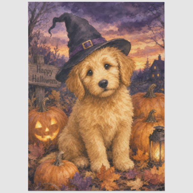 Papier Mousseline Chapeau de Sorcière Citrouille Goldendoodle (Recto)