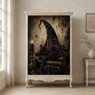 Papier Mousseline Chapeau de sorcière noire Roses violettes Livres d