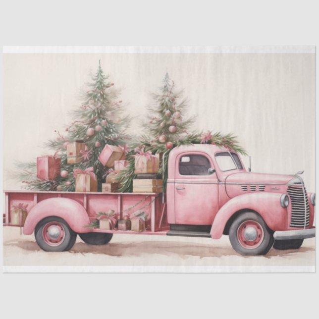 Papier Mousseline Charme rustique : Arbre de Noël Camion Rose (Recto)