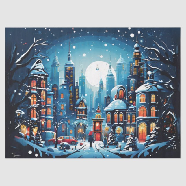 Papier Mousseline Charming City Christmas Scene Découpage Pape d'emb (Recto)