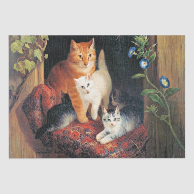Papier Mousseline Chat avec chatons, peinture d'art, (Recto)