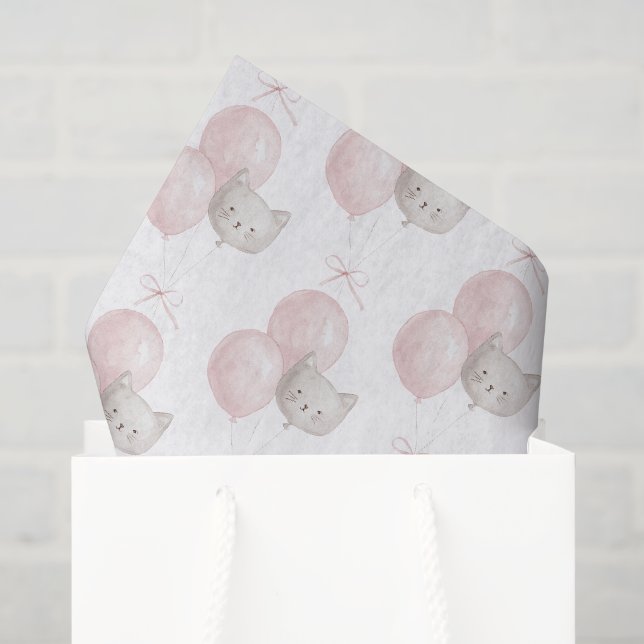 Papier Mousseline Chat Ballons Roses Anniversaire (Sac cadeau)