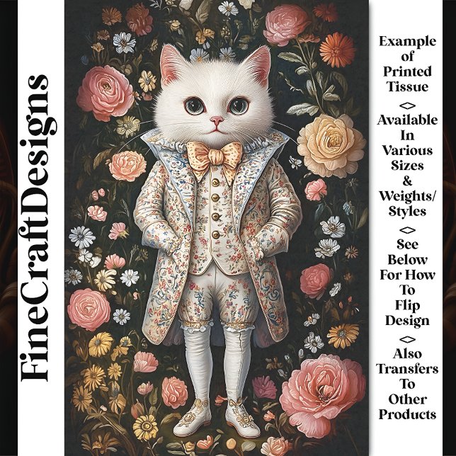 Papier Mousseline Chat Blanc Baroque Tenue Brodee CB7 Decoupage (Créateur téléchargé)