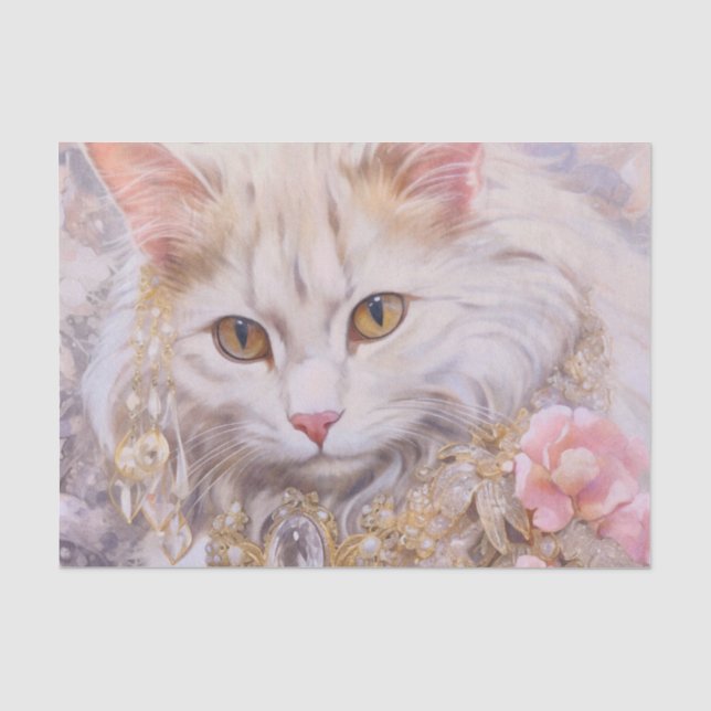 Papier Mousseline Chat blanc élégant en or et diamants (Recto)