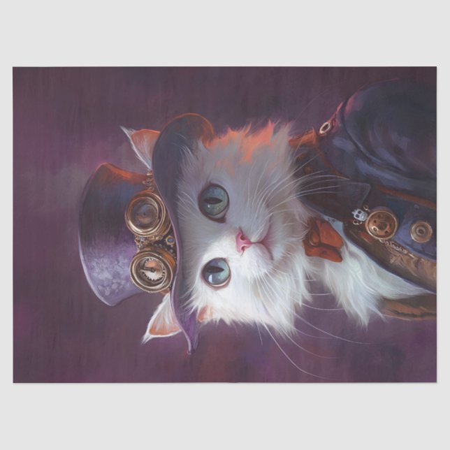 Papier Mousseline Chat blanc en Costume Steampunk Découpage (Recto)