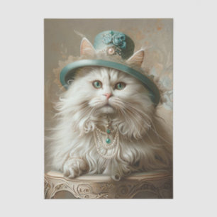 Papier Mousseline Chat couleur crème Chapeau sarcelle Perles Découpa