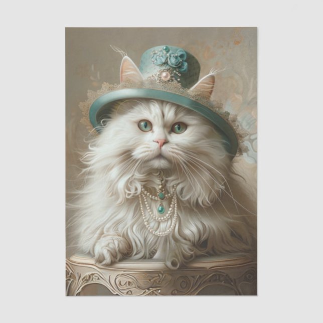 Papier Mousseline Chat couleur crème Chapeau sarcelle Perles Découpa (Recto)