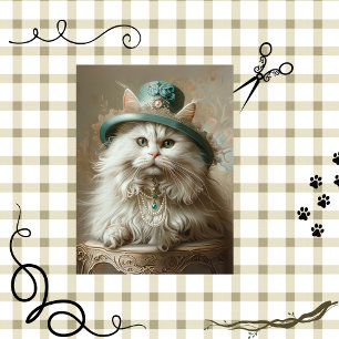 Papier Mousseline Chat de couleur crème Casquette Turquoise Perles D