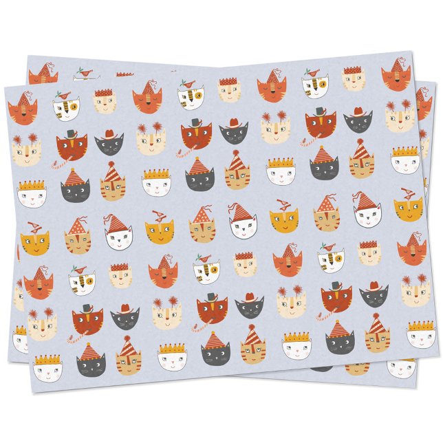 Papier Mousseline Chat de fête (Cute kitty cats with party hats and crowns on tissue paper)