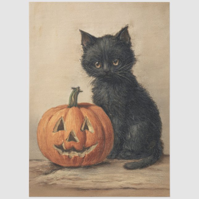 Papier Mousseline Chat de Halloween vintage en découpage (Recto)