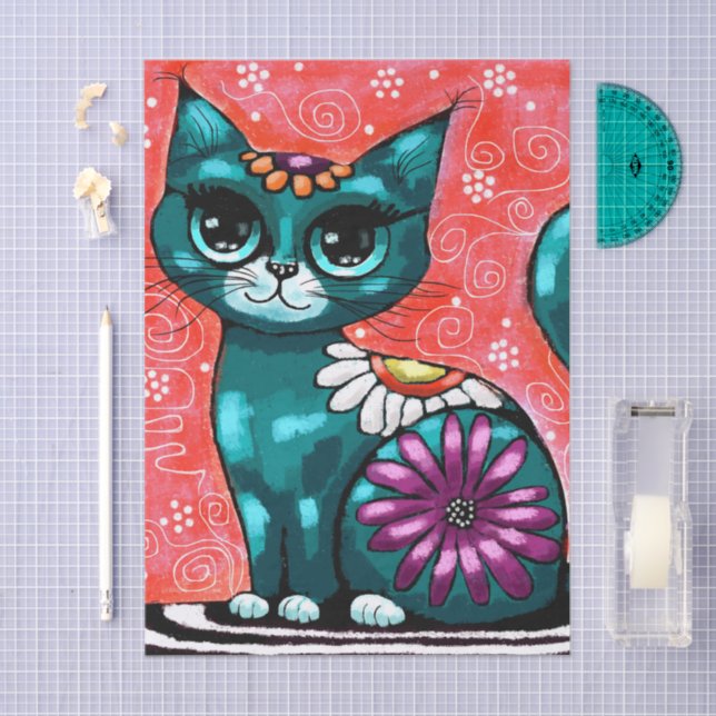Papier Mousseline Chat de Kitty Whimsical sur Rug Floral Turquoise D (Artisanat)