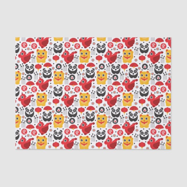 Papier Mousseline Chat, dragon, et panda chanceux de la Chine (Recto)