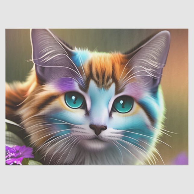 Papier Mousseline chat et fleurs bleu et rouille calico (Recto)