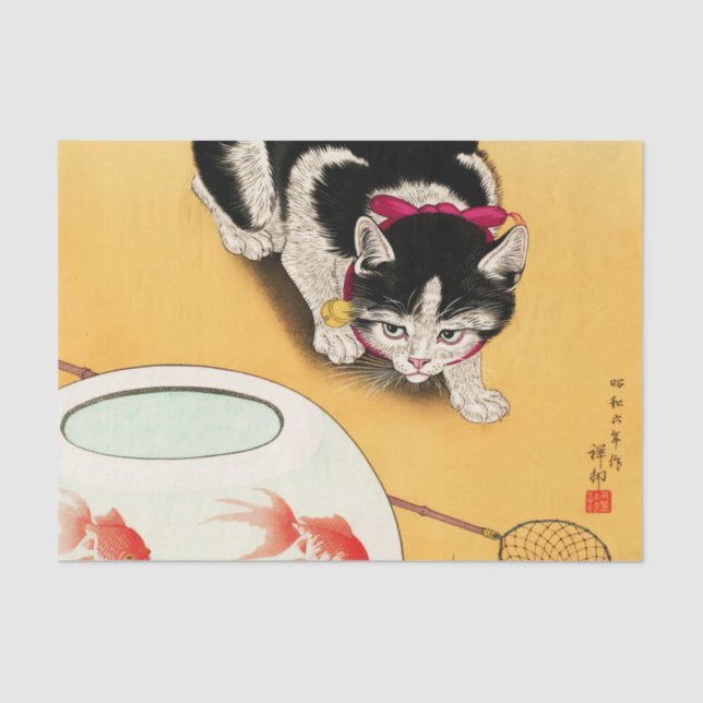 Papier Mousseline Chat et poisson rouge par Ohara Koson (Recto)