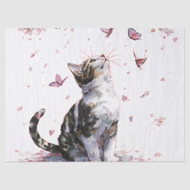 Papier Mousseline Chat Fleur de Cerisier et Papillons (10) (Recto)