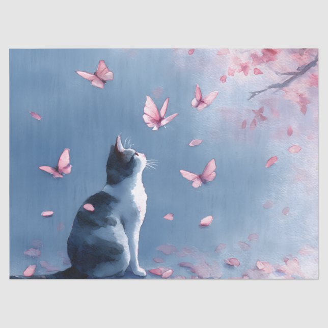 Papier Mousseline Chat Fleur de Cerisier et Papillons (4) (Recto)