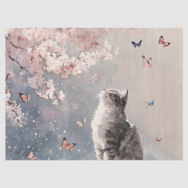 Papier Mousseline Chat Fleur de Cerisier et Papillons (6) (Recto)