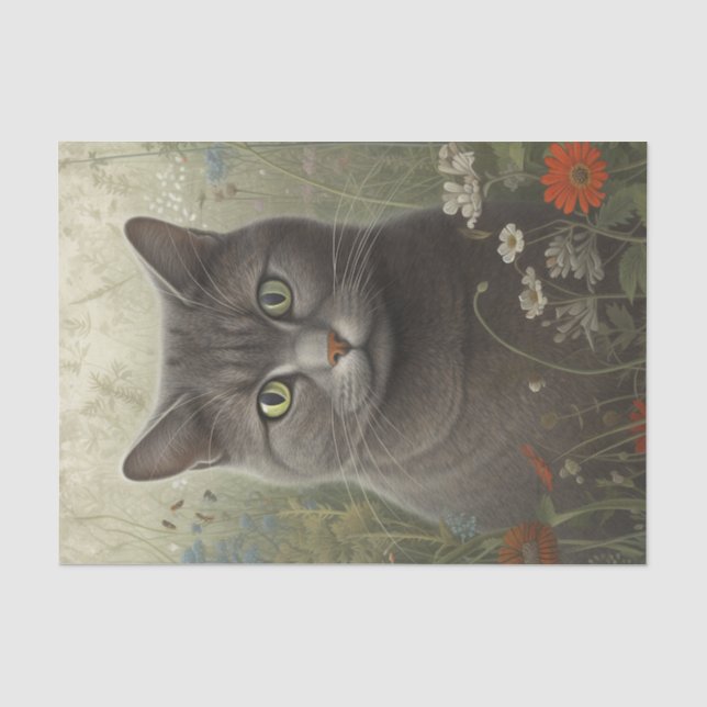 Papier Mousseline Chat gris floral (Recto)