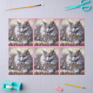 Papier Mousseline Chat Kitty Nebelung Gris Poils Longs Decoupage