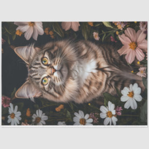 Papier Mousseline Chat Maine Coon Entouré de Fleurs Decoupage