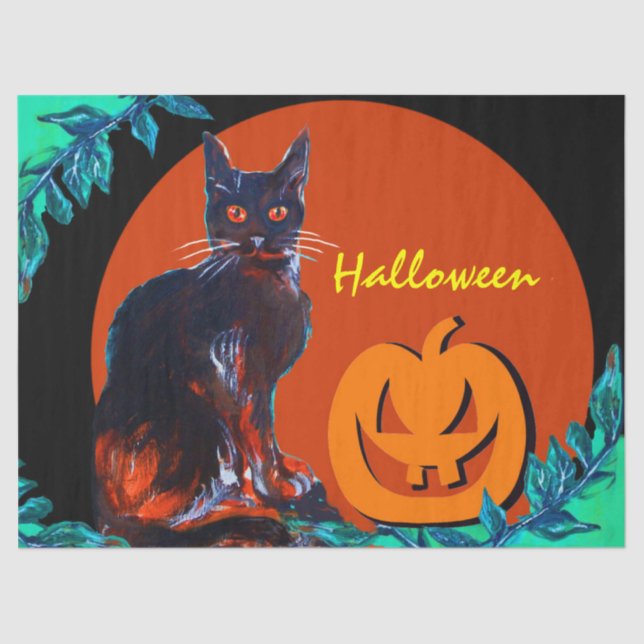 PAPIER MOUSSELINE CHAT NOIR AVEC CITROUILLE EN HALLOWEEN NIGHT (Recto)