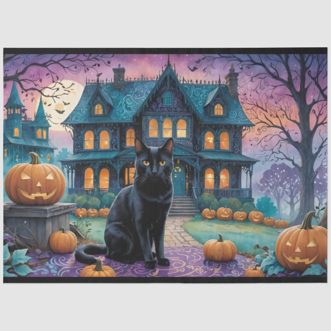 Papier Mousseline Chat noir cool, Jack O Lanterns, Maison Éffrayante (Recto)
