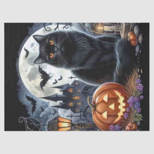 Papier Mousseline Chat noir d'Halloween découpage épouvantable (Recto)