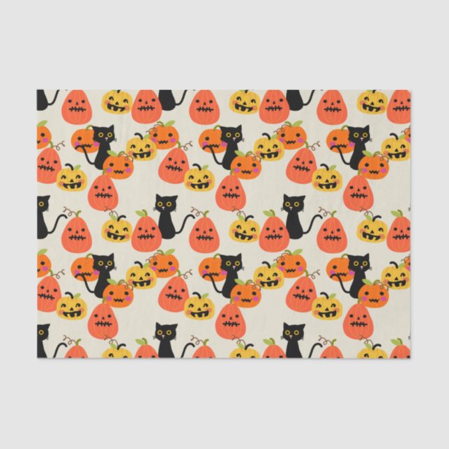 Papier Mousseline Chat noir d'Halloween mignonne et Citrouilles scul (Recto)