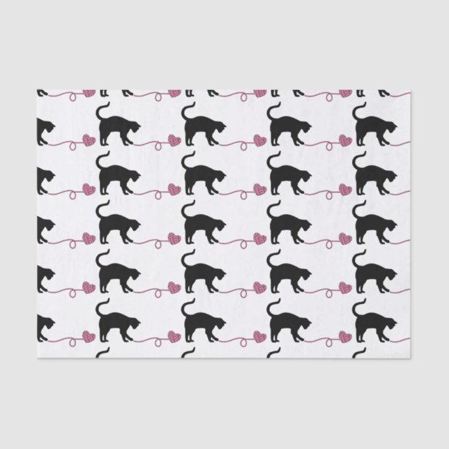 Papier Mousseline Chat noir et fil en forme de coeur (rose) (Recto)