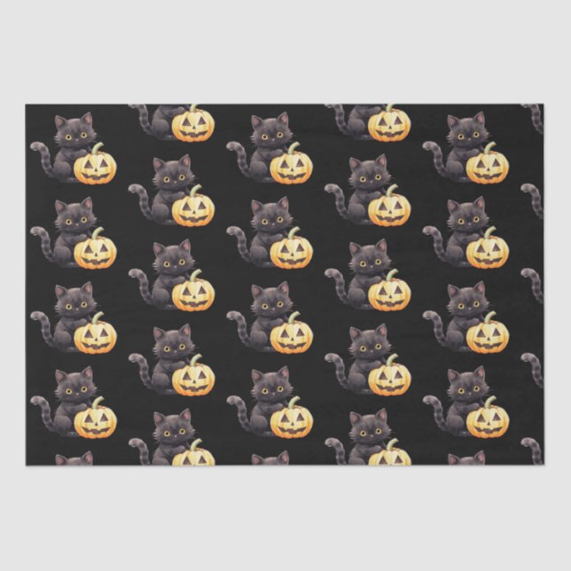Papier Mousseline Chat noir et Motif de la lanterne Jack-O' Hallowee (Recto)