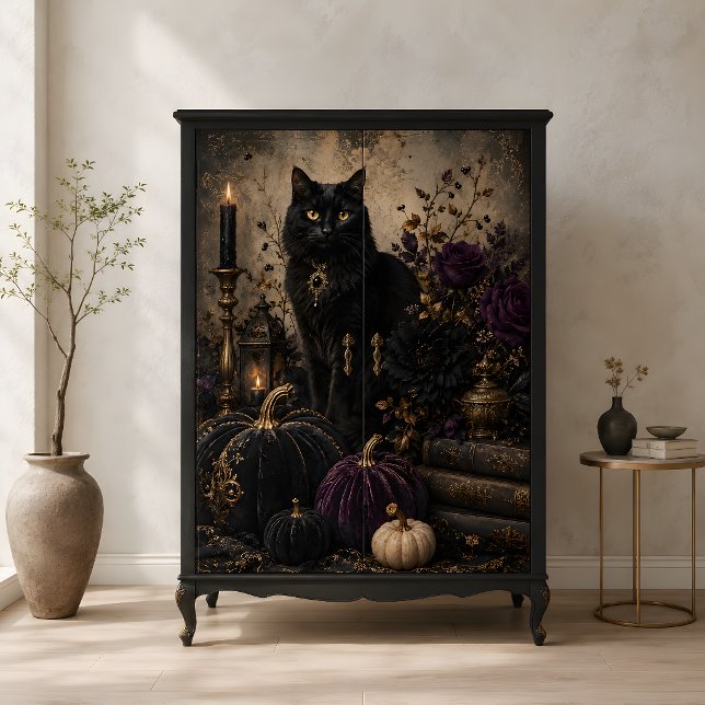 Papier Mousseline Chat noir Gothique Citrouilles Roses violettes Hal (Black Cat Gothic Pumpkins Purple Roses Halloween Tissue Paper)