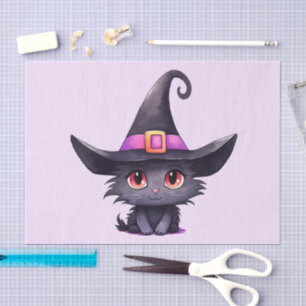 Papier Mousseline Chat noir mignon portant un Casquette de sorcière