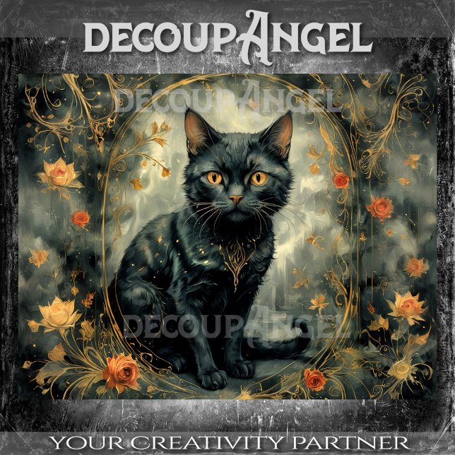Papier Mousseline Chat noir moderne avec fleurs -Découpage- (Créateur téléchargé)