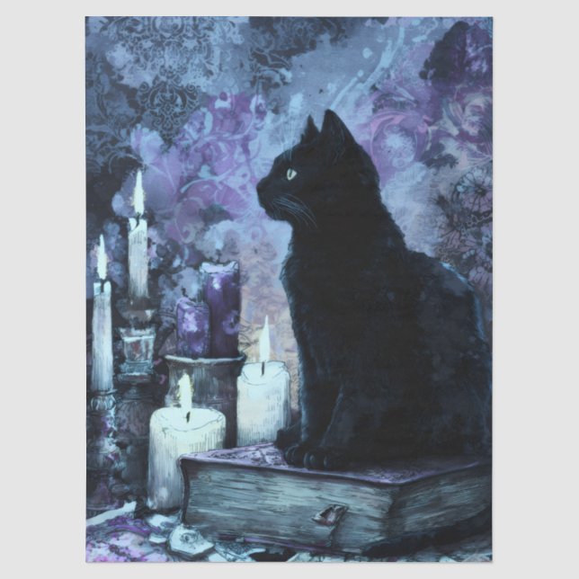 Papier Mousseline Chat Noir Réglage Gothique Bleu Foncé (Recto)
