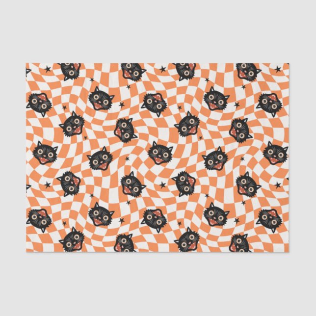 Papier Mousseline Chat noir rétro Motif chèque orange (Recto)