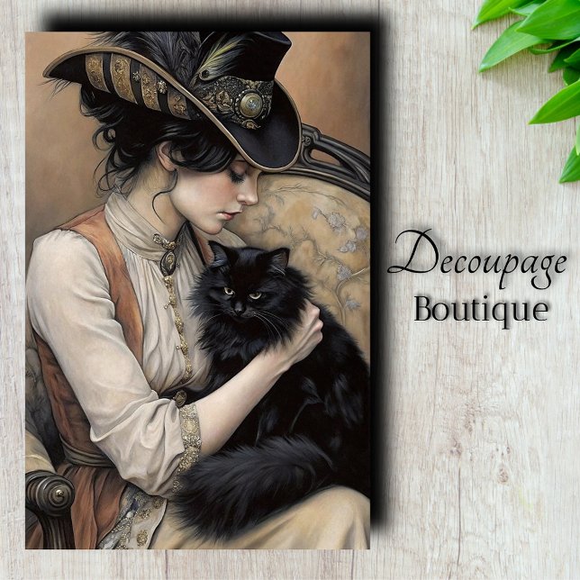 Papier Mousseline Chat Noir Victorien Découpe (Victorian Lady Black Cat Decoupage Tissue Paper)