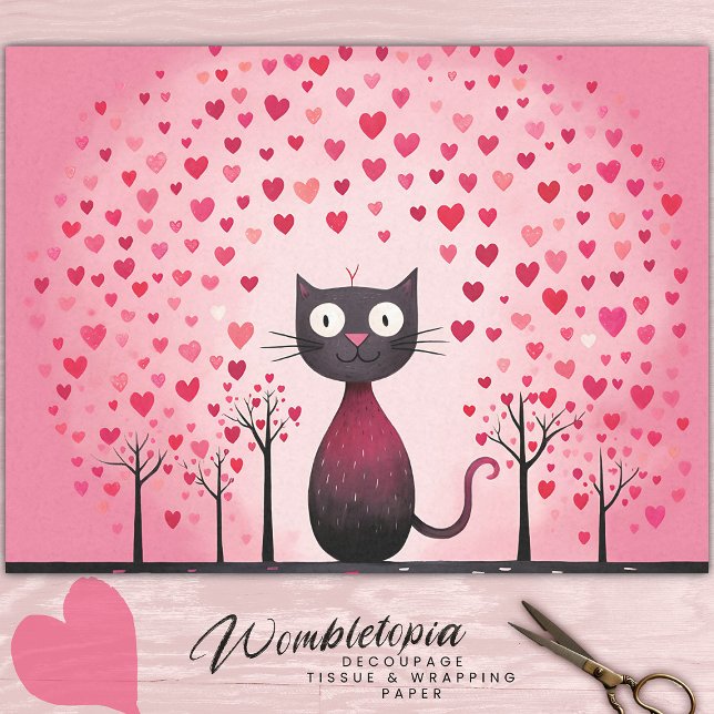 Papier Mousseline Chat noir Whimsical avec Coeur d'Amour Rose Découp (Créateur téléchargé)