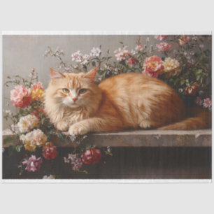Papier Mousseline Chat orange avec Fleurs antiques Peinture Découpag