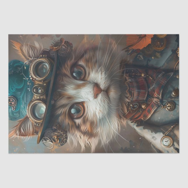 Papier Mousseline Chat Steampunk turquoise avec découpage Casquette  (Recto)