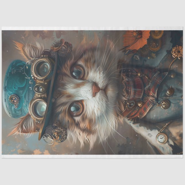 Papier Mousseline Chat Steampunk turquoise avec découpage Casquette  (Recto)