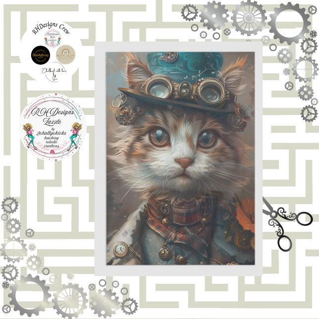 Papier Mousseline Chat Steampunk turquoise avec découpage Casquette  (Créateur téléchargé)
