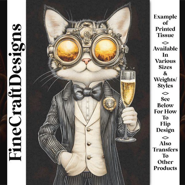 Papier Mousseline Chat Stylisé Steampunk + Champagne AG9 Découpage (Créateur téléchargé)