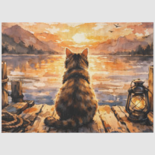 Papier Mousseline Chat sur le quai au coucher du soleil