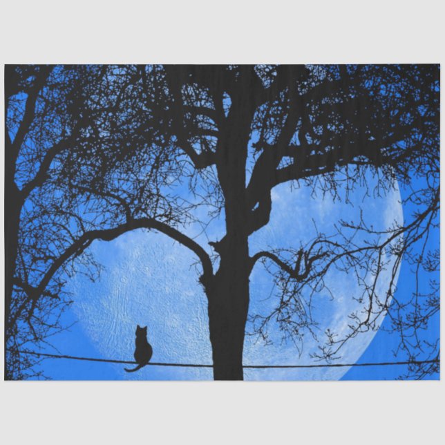 Papier Mousseline Chat sur une lune bleue fil (Recto)
