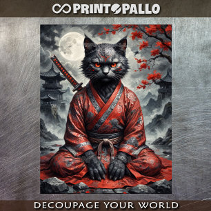 Papier Mousseline Chat vampire samouraï avec katana en méditation