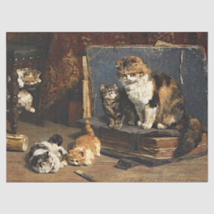 Papier Mousseline Chat vintage orange noir et blanc avec chatons