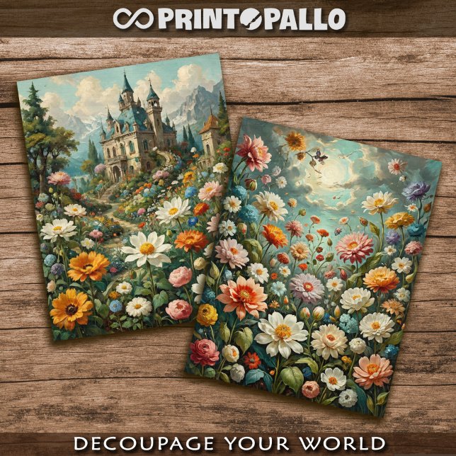 Papier Mousseline Château alpin avec prairies fleuries (Créateur téléchargé)
