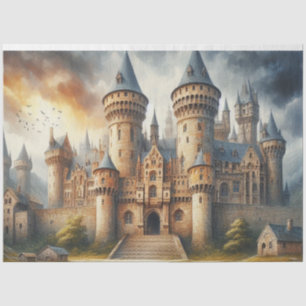 Papier Mousseline Château médiéval au coucher du soleil avec ciel at