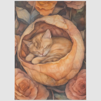Papier Mousseline Chaton endormi dans une fleur de rose aquarelle fl